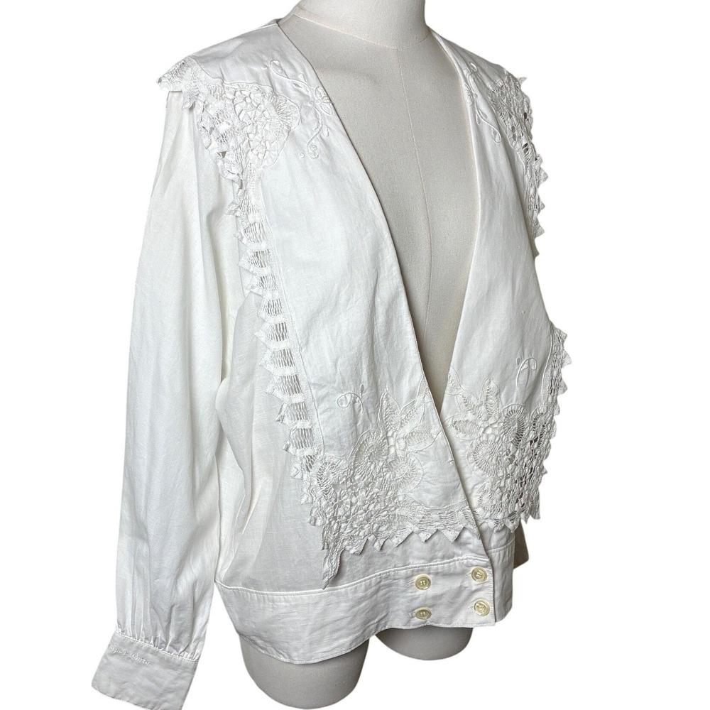 Vintage Paper White Embroidered Lace Open Front Linen Cotton Blouse Jacket 6 - Picture 2 of 12